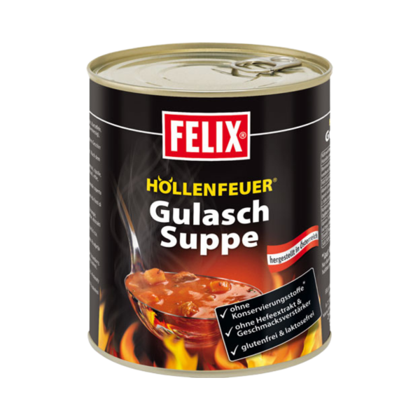 Felix Gulaschsuppe Höllenfeuer, höllisch scharf, 800g Produktbild, Vorderseite der Verpackung